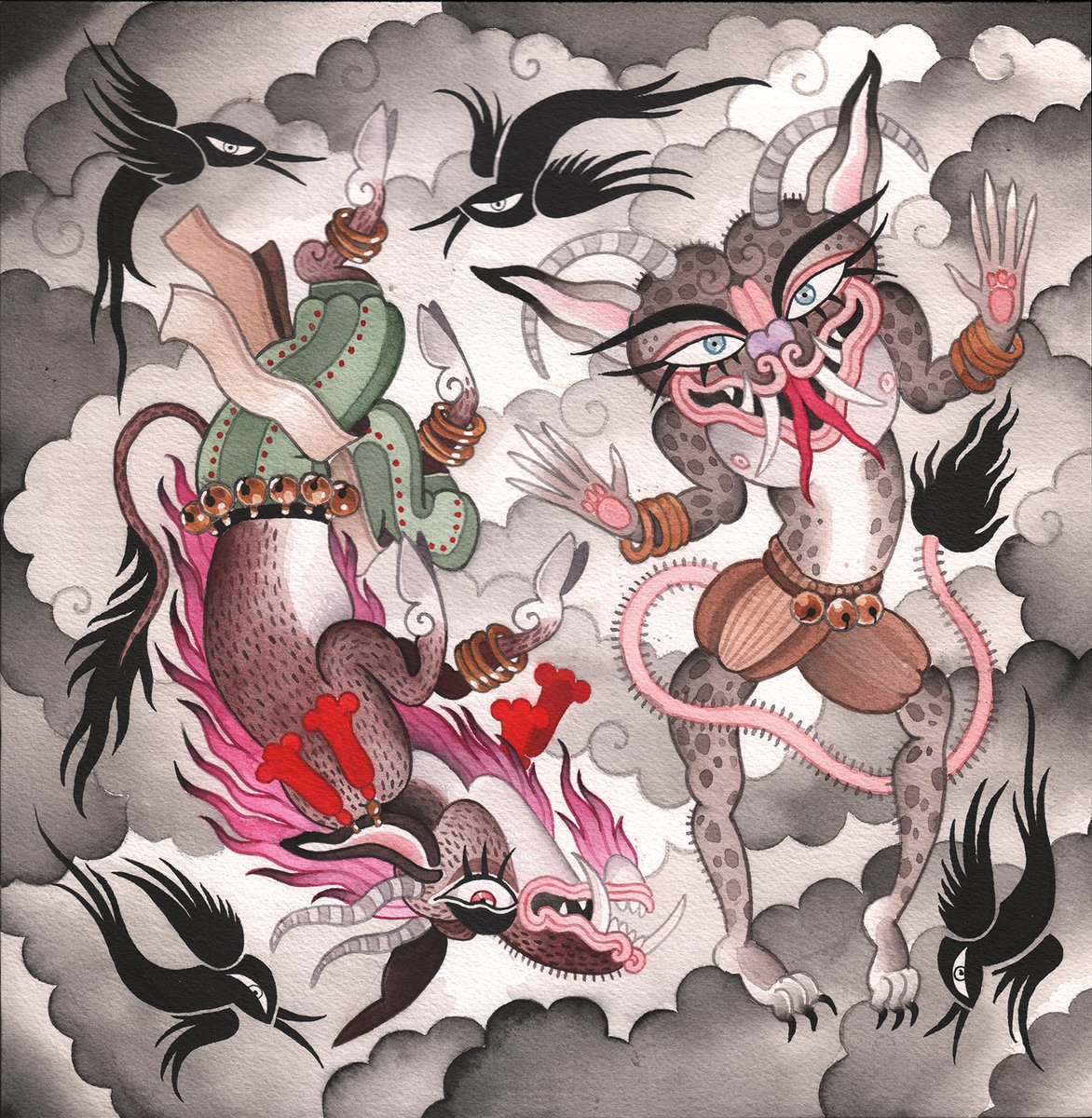 Fantasievolle Illustration eines gehörnten, katzenartigen Mischwesens neben einem drachenähnlichen Fabeltier, umgeben von Wolken und schwarzen Vögeln.