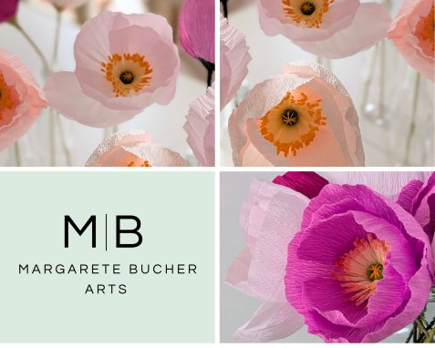 Collage aus Nahaufnahmen filigraner Mohnblumen aus rosa und pinkem Krepppapier mit dem Logo „Margarete Bucher Arts“.