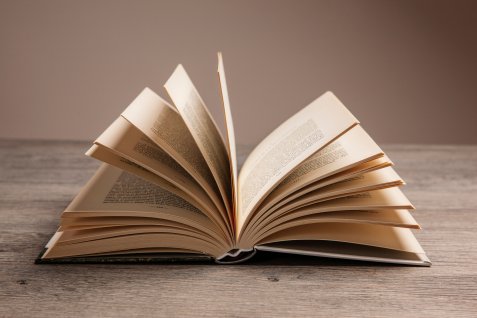 Aufgeschlagenes Buch mit fächerartig aufgestellten Seiten liegt auf einem Holztisch.
