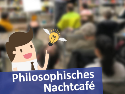 Philosophisches Nachtcafé: Illustration einer Comicfigur mit fliegender Glühbirne vor unscharfem Hintergrund einer Menschengruppe.