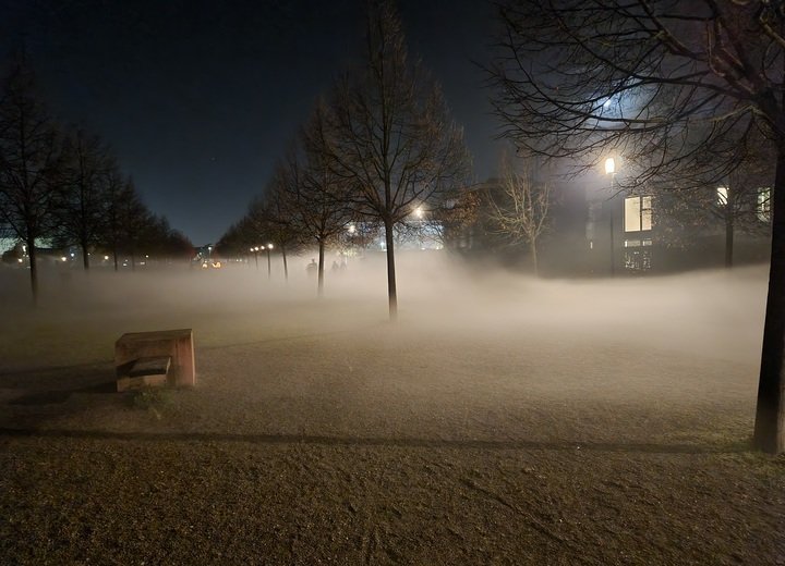 Dichter Bodennebel zieht nachts über eine Parkanlage mit kahlen Bäumen, einer Steinbank und beleuchteten Gebäuden im Hintergrund.