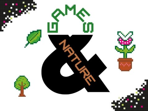 Pixelgrafik mit dem Schriftzug „Games & Nature“ sowie Motiven wie Baum, Blatt und Piranha-Pflanze im Blumentopf im 8-Bit-Stil.