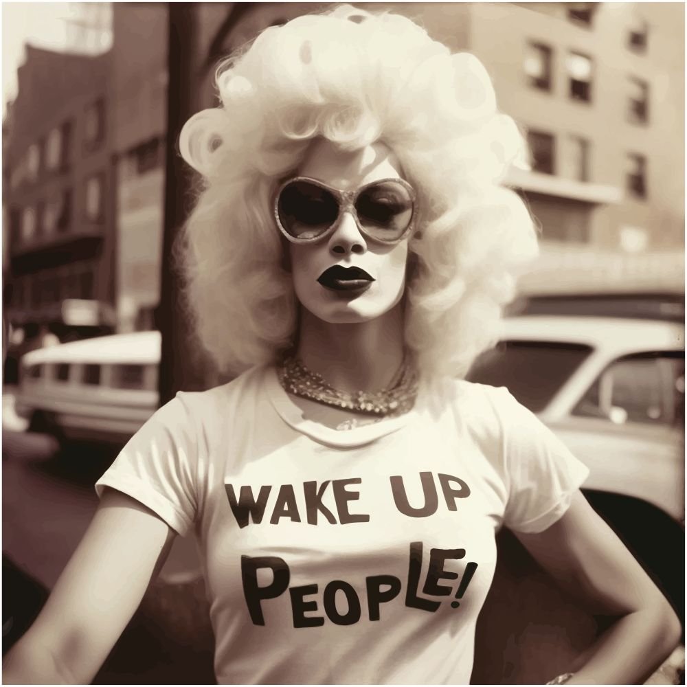 Person mit voluminöser weißer Lockenperücke, großer Sonnenbrille und Lippenstift trägt ein T-Shirt mit dem Aufdruck „Wake Up People!“ vor historischer Straßenkulisse in Sepiafarben.