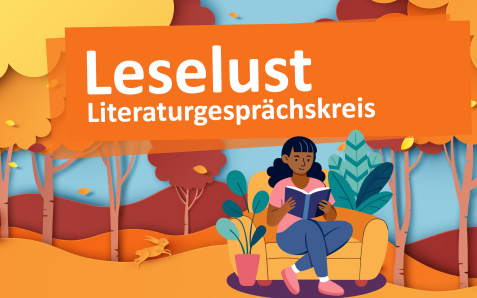Illustration einer lesenden Person in einem Sessel vor herbstlicher Wald-Szenerie mit dem Titel „Leselust Literaturgesprächskreis“.