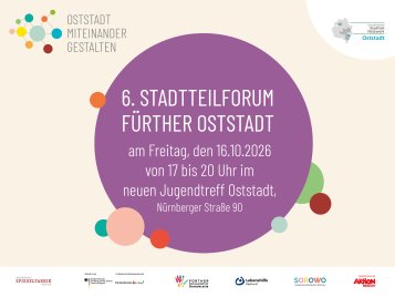 Ein heller Hintergrund mit bunt schwebenden Kreisen in Lila, Orange, Grün und Blau. In einem großen violetten Kreis im Zentrum stehen die Veranstaltungsdaten in weißer Schrift. In den Ecken und am unteren Rand befinden sich die Logos der beteiligten Organisationen und Förderer.