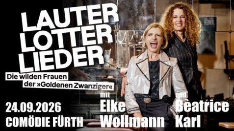 Zwei Frauen vor einer Bar, eine lacht mit offenem Mund, mit Titel und Datum zur Veranstaltung