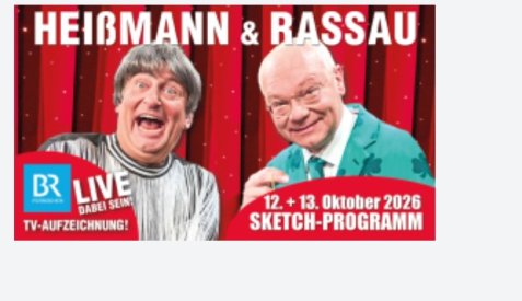 Heißmann & Rassau vor rotem Vorhang, Text "HEIßMANN & RASSAU" und Veranstaltungshinweis