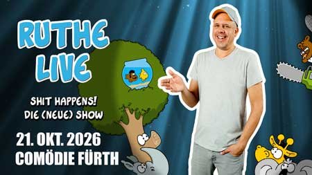 Werbeplakat für die Live-Show "Ruthe Live" mit einem Cartoonbaum, einem Nashorn als Comicfigur am Baumstamm und Ralph Ruthe in weißem T-Shirt und Cap, der nach rechts zeigt