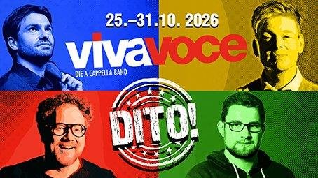 Vier Porträts von Personen vor farbigen Hintergründen mit dem Text '25.-31.10.2026', 'viva voce', 'DIE A CAPPELLA BAND' und 'DITO!'