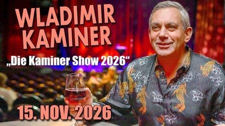 Porträt von Wladimir Kaminer mit gemustertem Hemd, der ein Glas hält, vor unscharfem Hintergrund mit Text zu einer Show im November 2026
