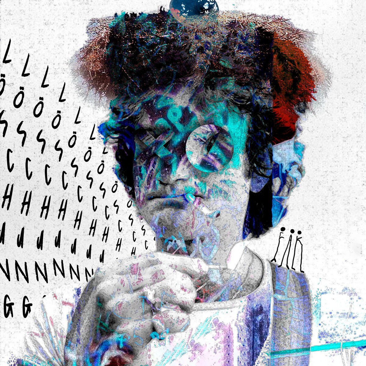 Abstrakte digitale Collage eines Gesichts in Blau- und Türkistönen mit farbverfremdeter Haut, umgeben von einzelnen Buchstaben und einer schematischen Zeichnung dreier Figuren, die die Schrift FAK ergeben.