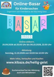 Bunte Wimpelkette mit den Buchstaben B A S A R vor blauem Hintergrund und Text zum Online-Basar für Kindersachen der Kita Heilig Geist