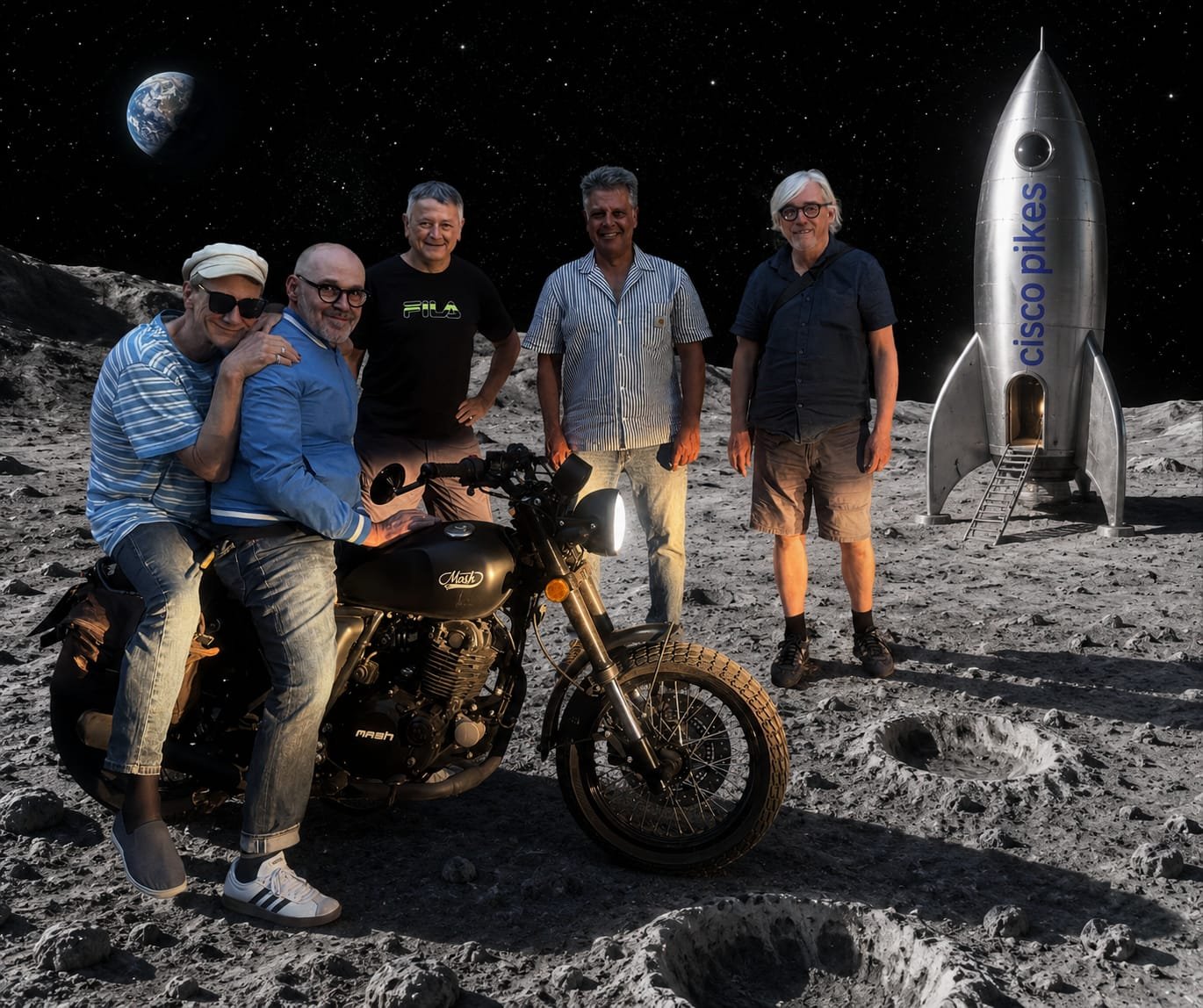 Fünf Personen posieren in einer  Mondlandschaft mit einem Motorrad und einer Rakete mit der Aufschrift „Cisco Pikes“.