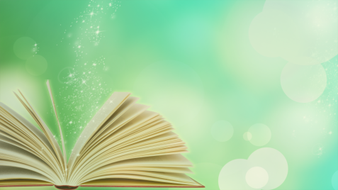 Aufgeschlagenes Buch mit aufsteigenden Lichtfunken vor grün schimmerndem Hintergrund.