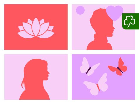 Vier grafische Illustrationen: eine Lotusblüte, ein Kinderprofil mit Herz, ein Frauenprofil und drei fliegende Schmetterlinge.