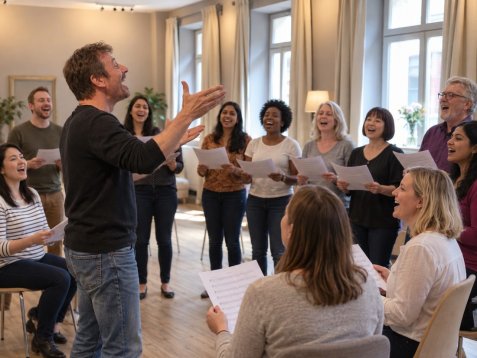 Chorleiter Josef dirigiert eine singende Gruppe in einem hellen Probenraum.