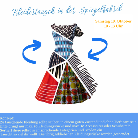 Plakat 'Kleidertausch in der Spiegelfabrik' mit einem bunt gemusterten Patchwork-Kleid in der Mitte und zwei blauen Pfeilen, die im Kreis darum herumzeigen. Termin: Samstag, 10. Oktober, 10–13 Uhr."