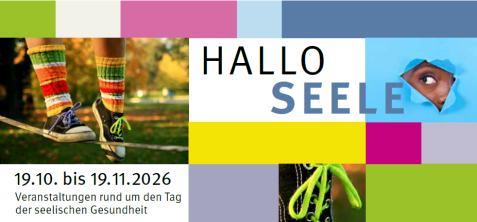 Bunte quadratische Flächen mit dem Text 'HALLO SEELE' und einem teilweise sichtbaren Gesicht hinter einer blauen Fläche sowie einem grünen Schnürsenkel.