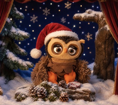 Eine Eulen-Handpuppe mit Weihnachtsmütze sitzt in einer verschneiten Winterszene zwischen Tannenzweigen und Zapfen.
