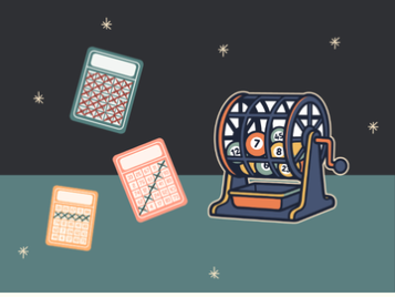 Illustration zeigt Bingo-Karten und eine Lostrommel mit nummerierten Kugeln vor dunklem Sternenhimmel.