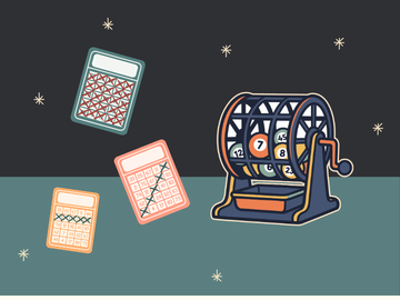 Illustration zeigt Bingo-Karten und eine Lostrommel mit nummerierten Kugeln vor dunklem Sternenhimmel.