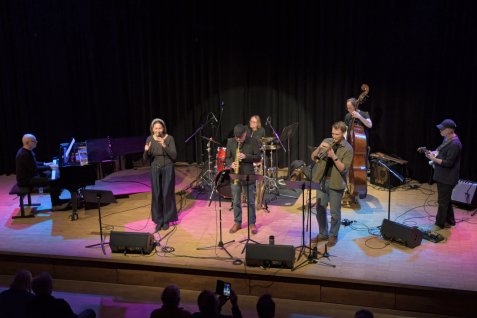 Eine Jazzband mit Sängerin, Klavier, Saxofon, Trompete, Kontrabass, Schlagzeug und Gitarre tritt auf einer bunt beleuchteten Bühne vor Publikum auf.