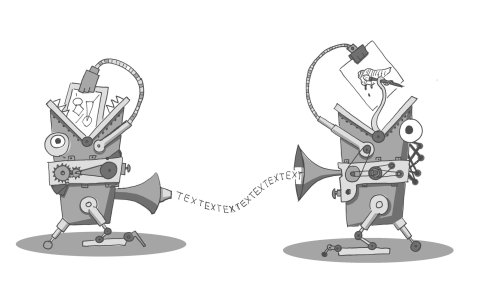 Zwei einäugige Roboterfiguren mit Trichtern kommunizieren über eine Kette aus dem Wort „Text“, während einer in seinem Kopf ein Diagramm und der andere eine Zeichnung trägt.