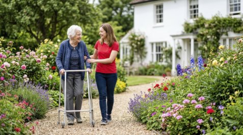 Eine jüngere Frau begleitet eine ältere Dame mit Rollator lächelnd auf einem Gartenweg zwischen blühenden Blumenbeeten.