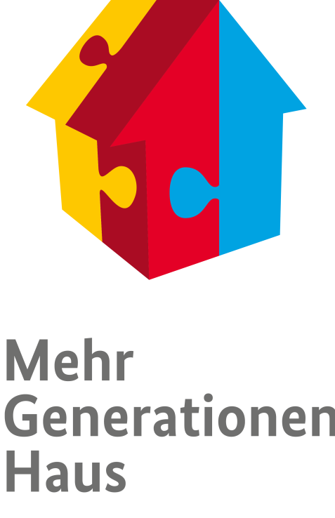 Logo „Mehrgenerationenhaus“ mit einem bunten Haus aus Puzzleteilen in Gelb, Rot und Blau.