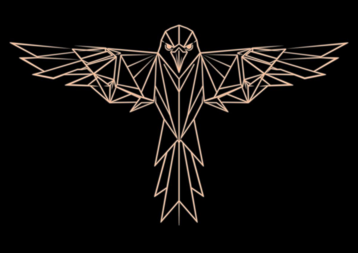 Stilisierte Grafik eines Adlers mit ausgebreiteten Schwingen in geometrischer Linienform vor schwarzem Hintergrund.