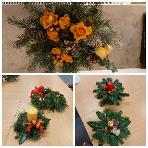 Collage mit weihnachtlichen Tischgestecken aus Tannengrün, orangefarbenen Rosen, Zapfen, Kugeln, Schleifen und Kerzen in verschiedenen Farben.