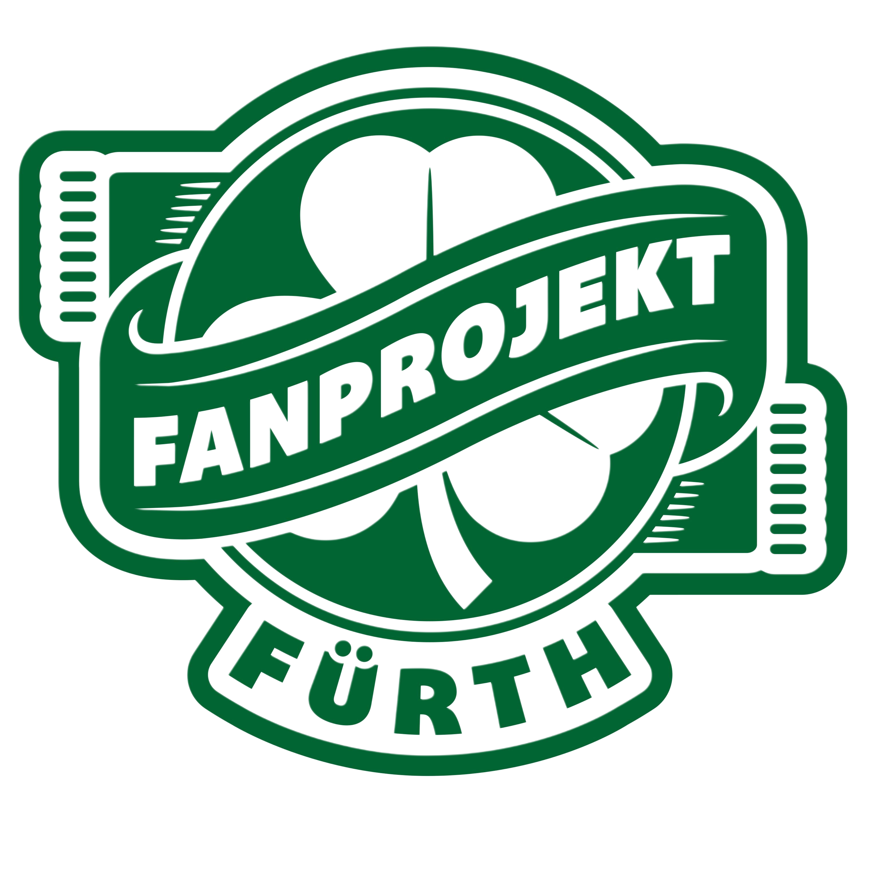 Grün-weißes Logo des Fanprojekts Fürth mit einem Kleeblatt, einem Schal und dem Schriftband „Fanprojekt“ sowie dem Schriftzug „Fürth“.